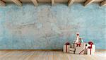 Grunge blue room with christmas gift on old wooden floor - 3d rendering
