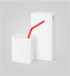 Group of different milk or juice carton packages with red straw on gray background with clipping path