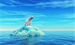 A polar bear sits on an iceberg in the middle of the ocean. This is a 3d render illustration