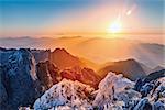 Sunrise above the mountain peaks of Huangshan National park. China.