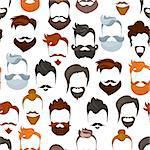 Seamless pattern of men cartoon hairstyles with beards and mustache.Fashionable stylish types lumbersexual or hipsters silhouette seamless background. Cartoon flat style vector illustration