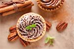 Delicious mini tarts with chocolate cream, top view.