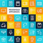 Vector Line Household Icons. Thin Outline Electronics Symbols over Colorful Squares.