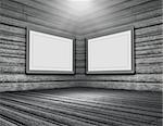 3D render of a grunge wooden room interior with blank picture frames