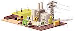 Vector low poly landfill gas collection plant icon with power line, garbage truck and bulldozer working on landfill