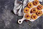 Freshly baked pumpkin muffins. Food background with copy space