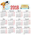 Yellow dog symbol of year 2018. Winter vacation making snowman. Vector template calendar illustration