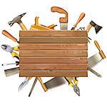 Vector Wooden Board with Hand Tools isolated on white background