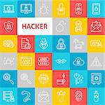 Vector Line Hacker Icons. Thin Outline Cyber Crime Symbols over Colorful Squares.