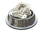 Chrome cat bowl with bones. 3D render illustration isolated on white background