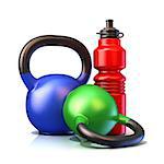 Red plastic sport bottles and kettle bells weight, isolated on a white background. 3D render illustration.