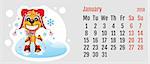 2018 year of yellow dog on Chinese calendar. Fun dog skier. Calendar grid month January. Vector cartoon illustration