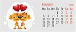 2018 year of yellow dog on Chinese calendar. Dog couple love. Calendar grid month February. Vector cartoon illustration