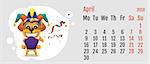 2018 year of yellow dog on Chinese calendar. Fun dog fools day. Calendar grid month April. Vector cartoon illustration