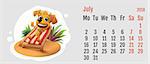 2018 year of yellow dog on Chinese calendar. Fun dog lies in deck chair. Calendar grid month July. Vector cartoon illustration