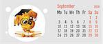 2018 year of yellow dog on Chinese calendar. Fun dog reading book. Calendar grid month September. Vector cartoon illustration