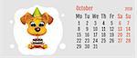 2018 year of yellow dog on Chinese calendar. Fun dog holding cake. Calendar grid month October. Vector cartoon illustration