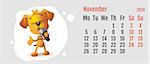 2018 year of yellow dog on Chinese calendar. Fun dog sings. Calendar grid month November. Vector cartoon illustration
