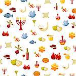Rosh Hashanah, Shana Tova or Jewish New year seamless pattern, with honey, apple, fish, bottle, torah ,lettuce, date, beet and other traditional items. Cartoon flat style vector illustration