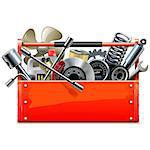 Vector Red Toolbox with Car Parts isolated on white background