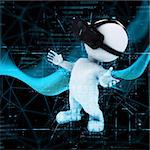 3D render of a figure wearing VR headset on abstract code background