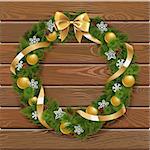 Vector Christmas Wreath on Wooden Board with golden decorations