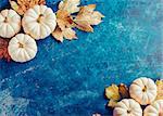 Decorative pumpkins on blue shabby background. Holiday background with copyspace.
