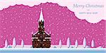picture of a Roman-Catholic church with fence, trees, and falling snow, merry christmas banner, flat style illustration