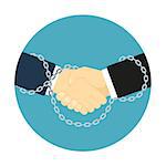 flat style handshake icon, picture of two human hands bound with chains, business partnership concept