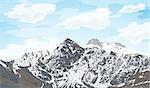 picture of a snowy mountain range with clouds on background, travel, tourism, hiking and trekking concept