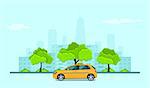 picture of taxi car in front of city silhouette, taxi service concept banner, flat style illustration