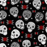 Day of the dead holiday in Mexico seamless pattern with sugar skulls. Skeleton endless background. Dia de Muertos repeating texture. Vector illustration