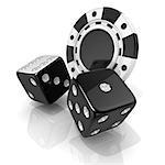 Black gambling chips and dices. 3D render isolated on white