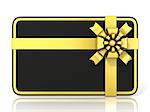 Black blank gift card, with golden ribbon. 3D render illustration isolated on white. Front view