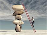 Young man climb a ladder supported by stones in balance - meditation stones. This is a 3d render illustration