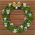 Vector Christmas Wreath on Wooden Board 9 with paper decorations and golden bow