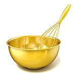 Golden bowl with a wire whisk. 3D rendering illustration isolated on white background
