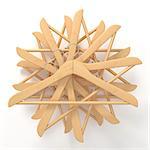 Wooden hangers, star arranged. 3D render illustration isolated on white background