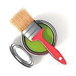 Metal tin can with green paint and paintbrush. Top view. 3D render illustration isolated on white background