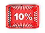 10 percent discount tag in red shopping basket. 3D rendered illustration