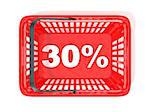 30 percent discount tag in red shopping basket. 3D rendered illustration