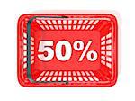 50 percent discount tag in red shopping basket. 3D rendered illustration