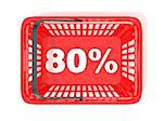 80 percent discount tag in red shopping basket. 3D rendered illustration