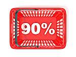 90 percent discount tag in red shopping basket. 3D rendered illustration