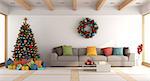 White living room with christmas tree and xmas decorations - 3d rendering