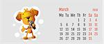 2018 year of yellow dog on Chinese calendar. Calendar grid month March. Yellow dog singing solo microphone. Vector cartoon illustration