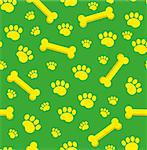 Dog bones seamless pattern. Bone and traces of puppy paws repetitive texture. Doggy endless background. Vector illustration