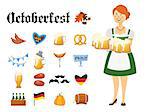 Smiling Bavarian woman dressed in traditional costume and hat with beer glasses and set of Oktoberfest icons. Traditional symbols of autumn holiday of beer isolated on white background. Cartoon style vector illustration