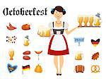 Smiling Bavarian woman dressed in traditional costume and hat with beer glasses and set of Oktoberfest icons. Traditional symbols of autumn holiday of beer isolated on white background. Cartoon style vector illustration