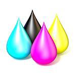 Four drops of printer ink. CMYK concept 3D rendering illustration isolated on white background